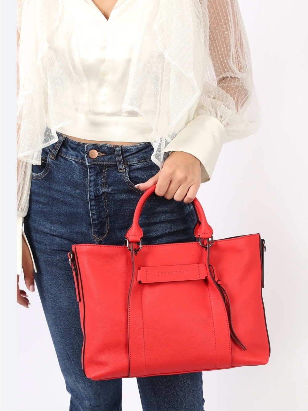 Longchamp Leather Top Handle Satchel Tote Red Crossbody Bag w/ Strap